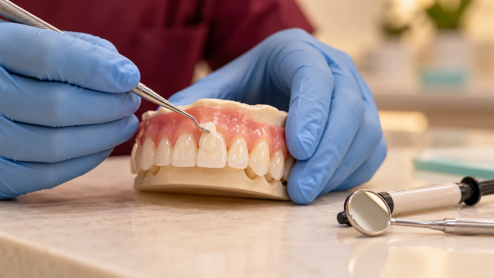Dentist demonstrating composite resin shaping on a front tooth using a dental teaching model – WhiteLine Dental Clinic Al Rigga