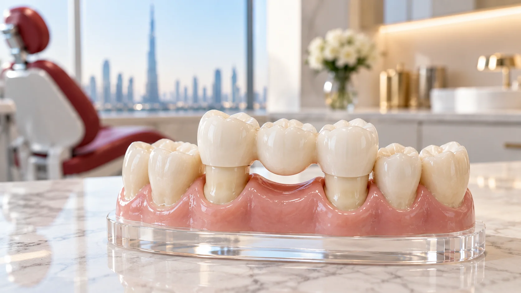 Three-unit ceramic dental bridge on a demonstration model in a bright Dubai dental clinic – WhiteLine Dental Clinic Al Rigga