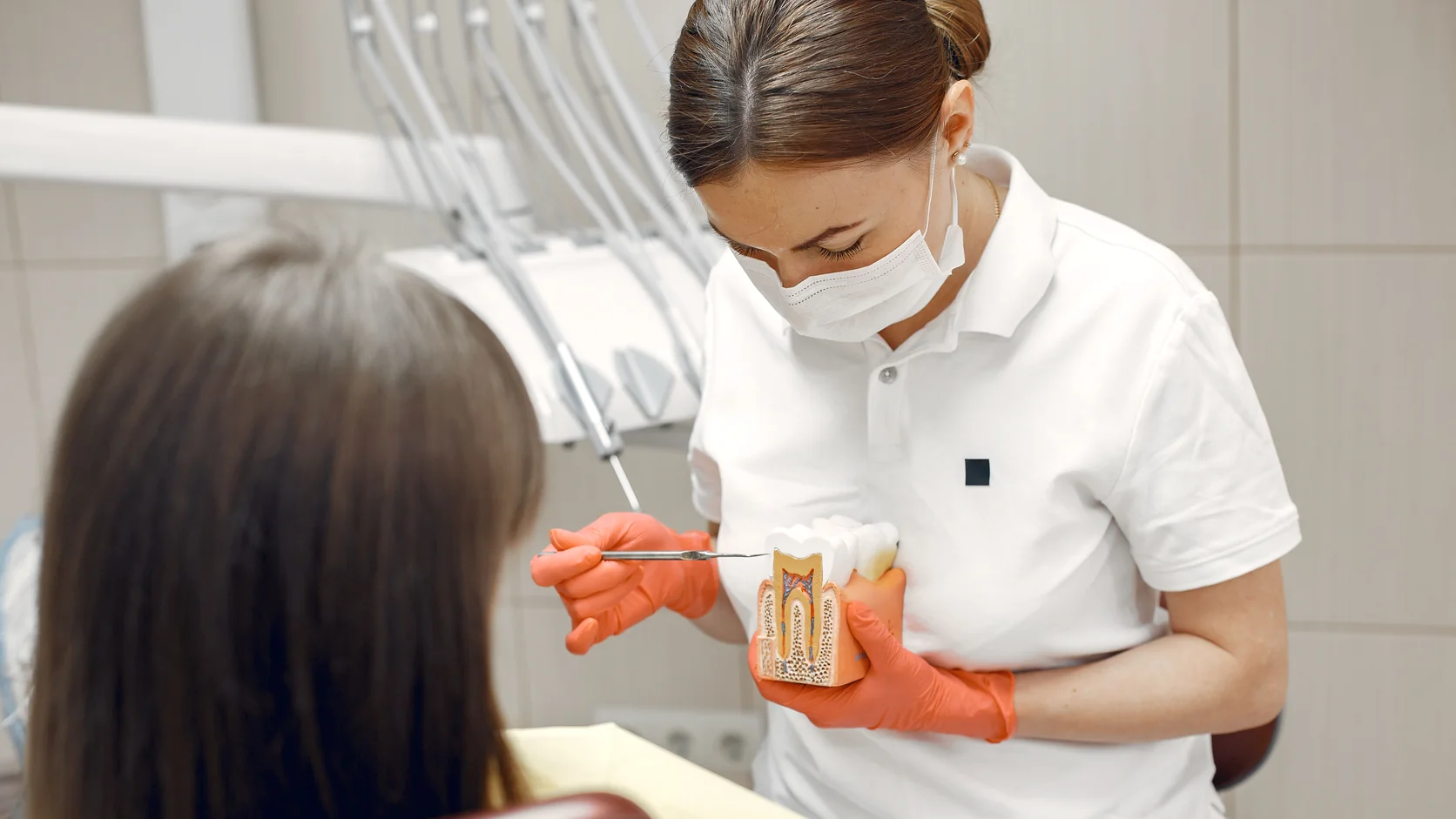 Dentist explaining a tooth model to a woman during a dental consultation – WhiteLine Dental Clinic Al Rigga