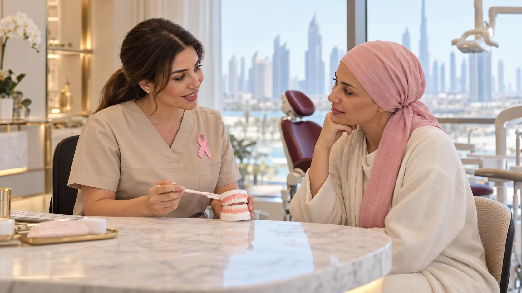 Dentist wearing a pink awareness ribbon discussing gentle oral care with a woman in a pink headscarf – WhiteLine Dental Clinic Al Rigga