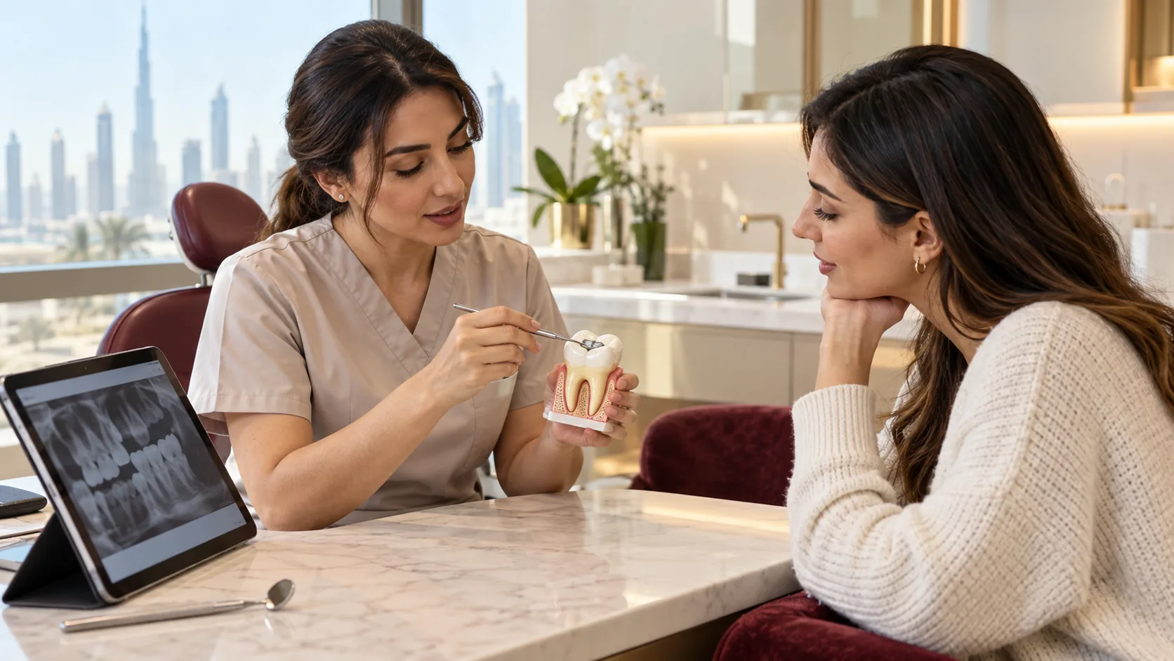 Dentist explaining a tooth filling using a dental model during a patient consultation – WhiteLine Dental Clinic Al Rigga