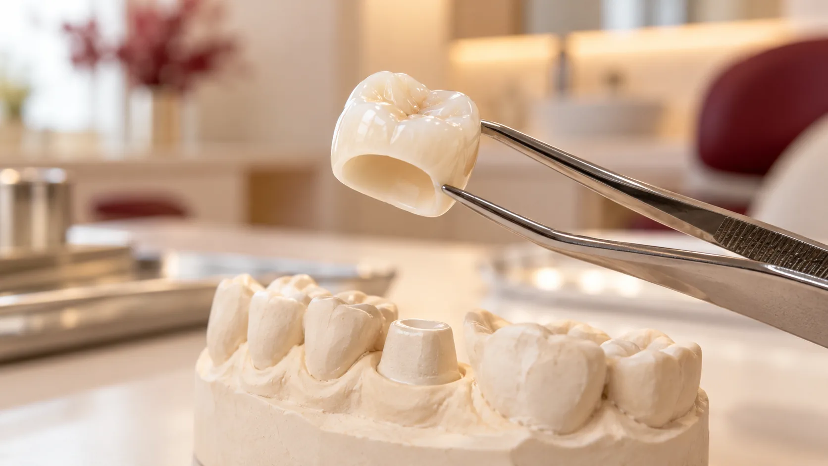 Ivory zirconia molar crown held in dental tweezers above a dental laboratory working model – WhiteLine Dental Clinic Al Rigga
